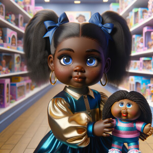 Create a 3-D image of an african-American little girl inside of a medium size, toy store. The little girl has thick long, ponytails and huge blue eyes. She has on a gold and blue jumpsuit with matching bows, She is playing with her favorite african-American cabbage patch doll, the doll has deep, dimples, and freckles and looks just like her