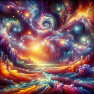 In the center of the painting, a mesmerizing bioluminescent cosm...