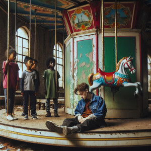 An abandoned children's carousel. A boy is sitting unconscious o...
