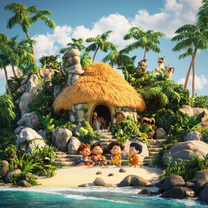 Generate a photorealistic 3D image of the Flintstones family dur...