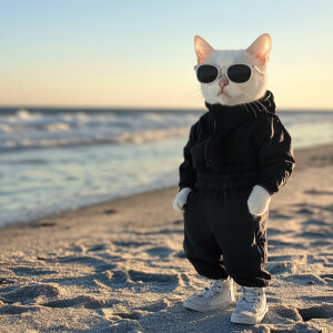 a white cat wearing sunglasses wearing a black jacket wearing pa...