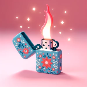 A cute, pastel-blue lighter with red-orange flowers and a pink f...