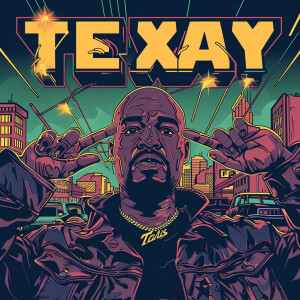 Design a futuristic album cover featuring a bald African America...