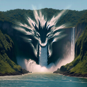 A large waterfall, water droplets look like a dragon’s face emer...
