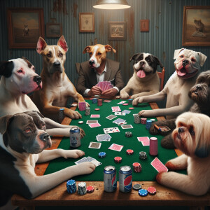 Photorealistic image. Classic image of dogs playing poker around...