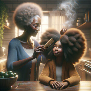 Create a realistic 3-D image of an african-American grandmother in the kitchen with her african-American granddaughter. The grandmother has a hot comb in her hair and she is straightening her granddaughters hair. One side of her granddaughters hair is in  a Afro the other is bone straight 
There is smoke coming from the hot comb