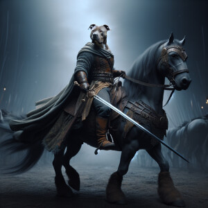 Create a realistic picture of a humanoid pit bull as an swordsma...