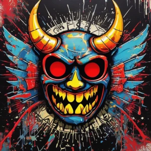 Design a cartoon-style circular logo featuring a cheeky demon we...