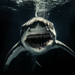 Full-body photograph of a muscular, shark-like woman, with an op...