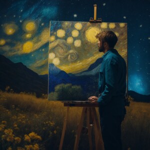 A picture of Van Gogh painting underneath a starry night