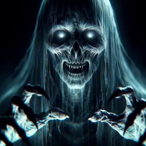 Create a hyper-realistic image of a sinister apparition with eer...