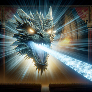 Design a hyper-realistic dragon exhaling a luminous beam from it...