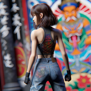 Athletic Thin skinny Attractive, Asian teenage girl, long brown hair and bangs, wearing tight skinny jeans and a halter top paint marks on her clothing, heroic pose Asian graffiti background, backside view