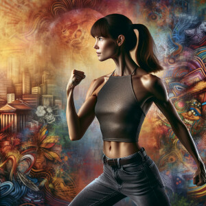 Athletic Thin skinny Attractive, Asian teenage girl, long brown hair and bangs, wearing tight skinny jeans and a halter top paint marks on her clothing, heroic pose Asian graffiti background, side view