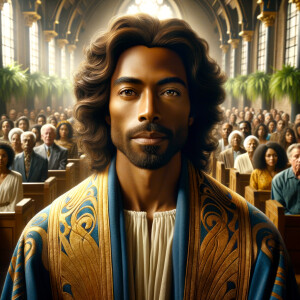 Illustrate an inspiring African-American Jesus crust with a dign...
