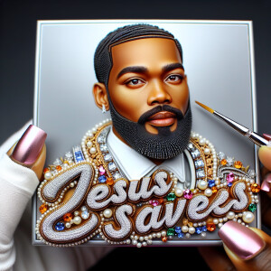A 3D realistic artwork featuring the phrase 'Jesus Saves' adorne...
