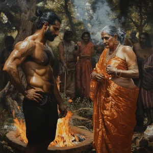 Realism art style,a muscular, sweaty man with a black ponytail s...