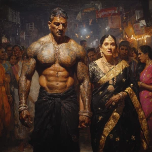 Hyperrealism,oil paint .a muscular beefy sweaty tattoed indian m...