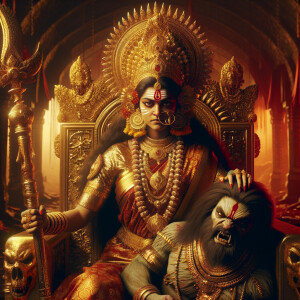 portrait of angry looking goddess durga sitting on a gold crown...