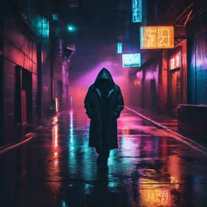 A lone man wearing a hooded jacket illuminated by the neon glow of a street sign, walking down a rain-slicked alley