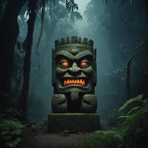 "Imagine a dark, foreboding jungle at dusk, shrouded in a thick...
