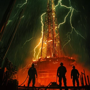Texas oil rig workers working during a lightning storm, digital...