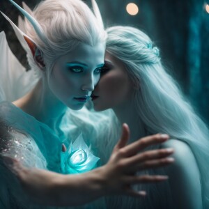 An ethereal albino elf with crystal aqua silver eyes bravely app...