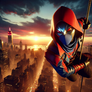 In the scene, Spider-Man swings through the city at sunset, paus...