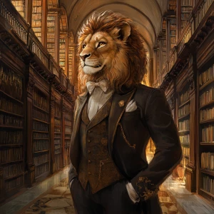 Digital painting. An anthropomorphic lion, dressed in a tailored...