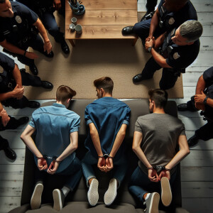 three caucasian male teens handcuffed, laying flat face down on...