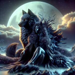 Create an ultra-high definition 8K image featuring a black wolf...