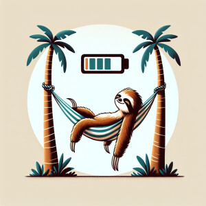 A cartoon sloth lounging in a hammock with a nearly empty batter...