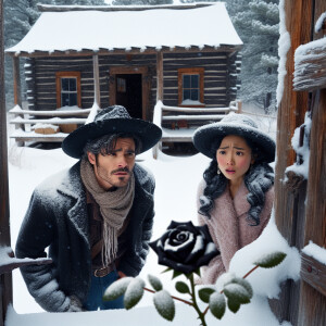 On the threshold of their house, in winter, a man and a woman fo...