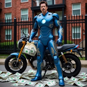 Iron Man, clad in a all blue armor suit adorned with a paisley pattern, stands confidently with a bag of money in each hand, surrounded by scattered dollar bills at his feet. He is leaning casually on a motorcycle. Behind him, there's a red brick apartment complex, secured by an elegant black wrought iron gate.