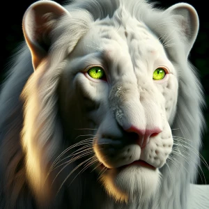 Create an image of an albinotic white lion with striking neon gr...