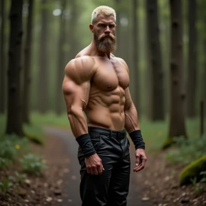 Bodybuilder blonde hair beard crew cut with a fade wearing black...