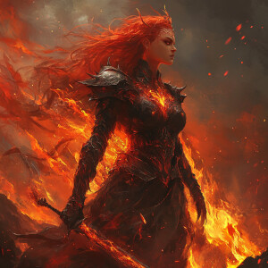 A powerful witch embodies Aries, standing in a scorched, cracked...