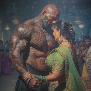 Hyperrealism painting.a muscular beefy tattoed gujarati sweaty...