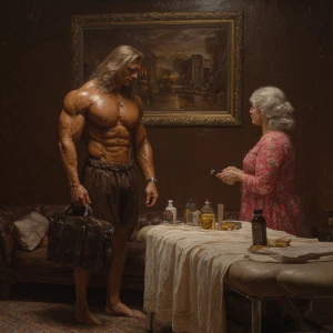 Hyperrealistic art,. a muscular Russian man in his beach hotel r...