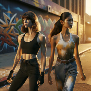 Athletic Thin skinny Attractive, Asian teenage girl, long brown hair and bangs, wearing tight skinny jeans and a halter top paint marks on her clothing, heroic pose Asian graffiti background,  backside view