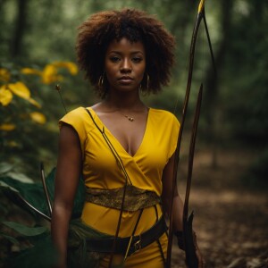 Black female elf with medium sized boobs in a yellow outfit with...