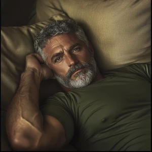 The image shows a muscular bodybuilder man lying on a couch, app...