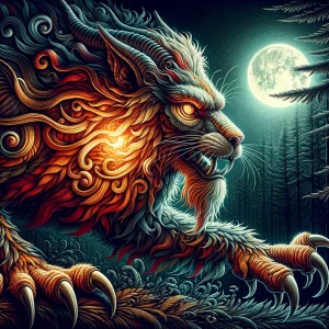 In the shadows of a moonlit forest, a sultry cryptic manticore p...