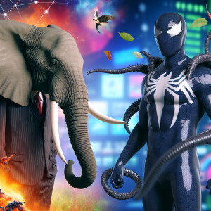 Create an image of an anthropomorphic elephant with a sleek, for...