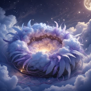 A close-up, dreamy, and peaceful image of a magical nest, emphas...