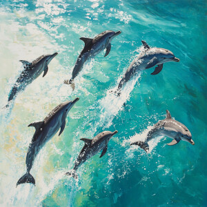 A pod of dolphins leaping out of turquoise blue water, creating...