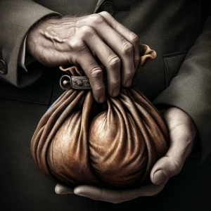 A hand holding a leather pouch, the shape of 2 spheres can be se...
