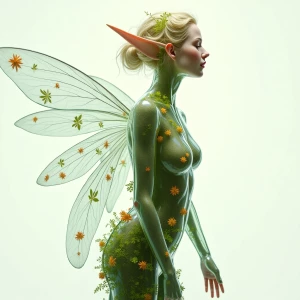 Generate an image of a female elf with a transparent glass-like...