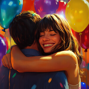 A brunette woman with bangs is hugging a man, his face is not vi...