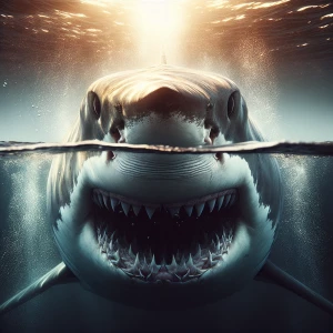 Ultra-realistic, dramatic frontal view of a massive shark with its jaws wide open, revealing rows of razor-sharp teeth. The camera is half-submerged, perfectly splitting the image—above the waterline, the sharks’s intense, piercing eyes stare directly ahead, with water droplets on its rough, scaly skin. Below the waterline, its powerful open mouth is fully visible, showing sharp teeth and a dark throat, with tiny air bubbles escaping. The waterline is sharply defined, creating a split view of the murky underwater world and the bright, natural  scenery above. Sunlight refracts through the water, casting a cinematic glow. Highly detailed, National Geographic photography style, 8K resolution, hyper-realistic textures, dramatic lighting, intense and suspenseful atmosphere."